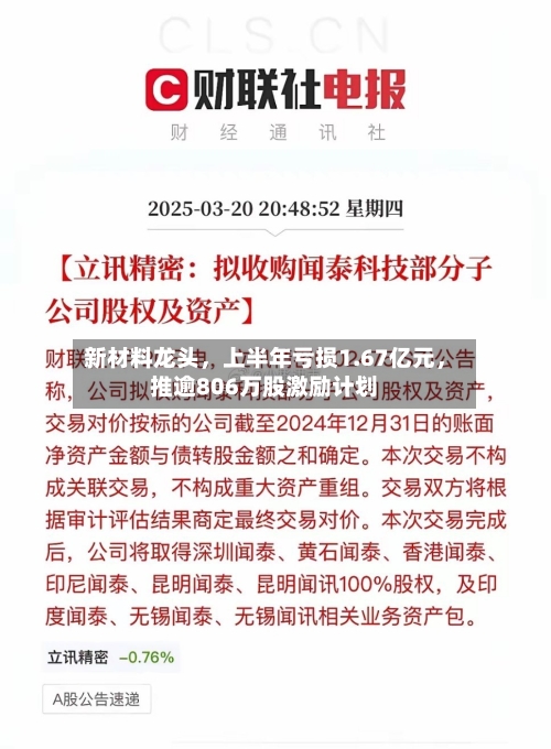 新材料龙头，上半年亏损1.67亿元，推逾806万股激励计划